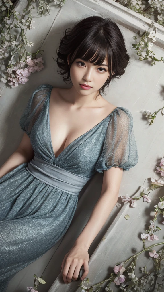(lying prone),(from above:2),(Highest quality, Very detailed, masterpiece:1.2), 1 female, Very thin body, length, Thin legs, ((Black wavy short hair:1.2)), ((Thick and fluffy bangs)), Very detailedな顔,A faint smile, small, Thin Nose, small thin mouth, Extremely sharply focused eyes, Japanese, Beautiful Face, Realistic eyes, Beautiful and beautiful eyes, Realistic Skin, Beautiful Skin, charm, (Lively Faces), (flowing summer dress camisole evening), Creepy and unique hairstyles, High resolution, Vibrant color palette, , Tim Burton's signature dark shadows and strange details, ,background