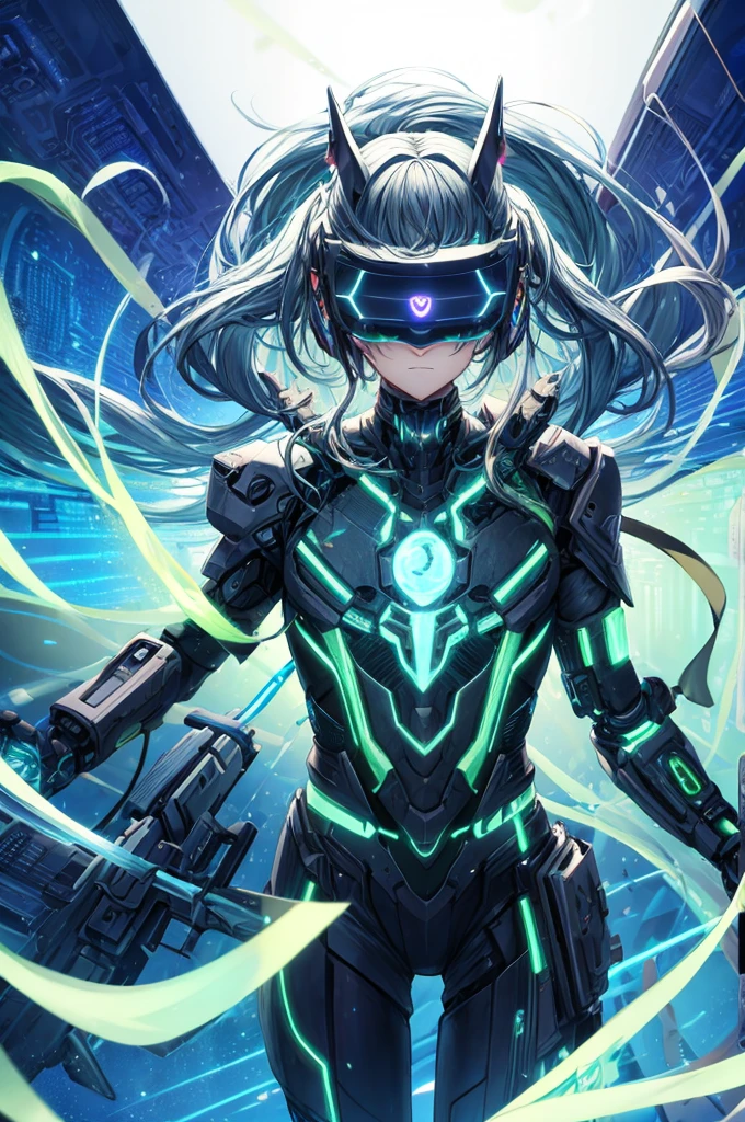 best quality, head-mounted display,
Kirito, surrounded by azure neon, NodesTech mascara, NodesTech headdress, ethereal hair, wearing crop top cyborg armor
BREAK sci-fi background, detailed fantasy background,  azure neon background