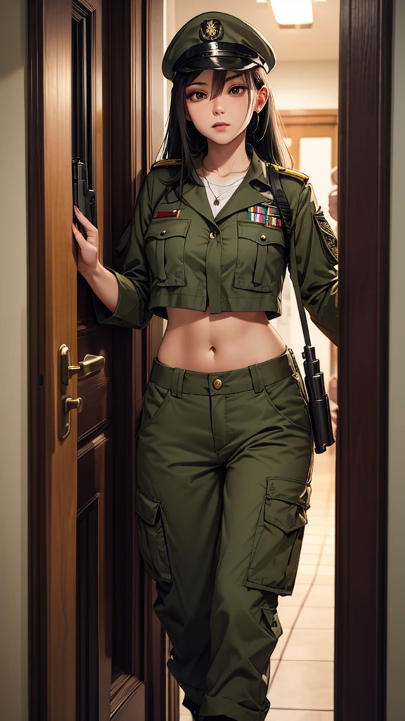 Woman in crop top military uniform, Cargo pants, military hat, knock on the door, in the night, holding a gun