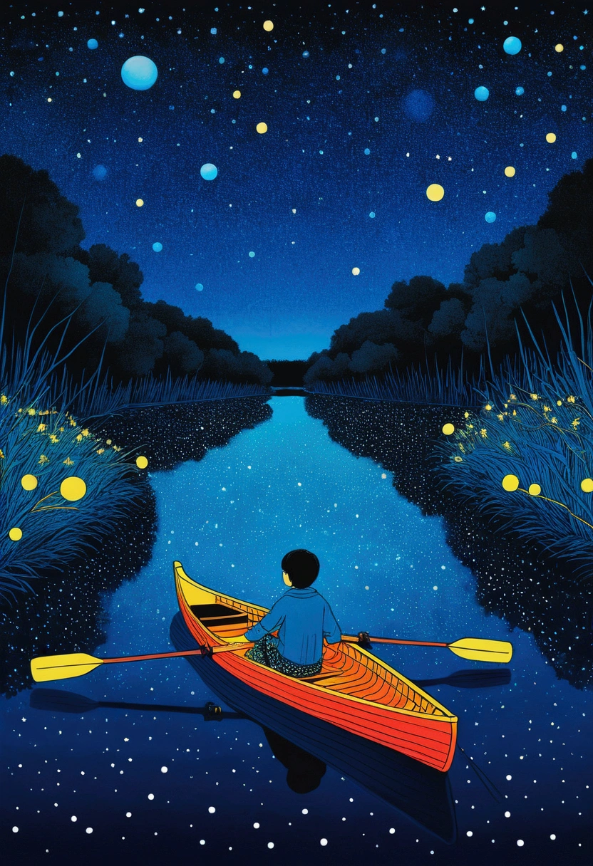 Blue starry sky、Neon,Boy rowing alone,firefly,Dreamy colors,Illustration style(Artists can refer to Yayoi Kusama)