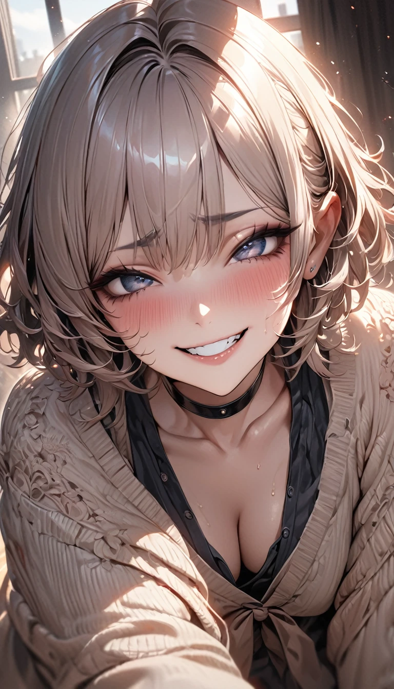 beautiful woman, cool and sadistic, amorous and lewd face, evil smile, teasing smile, grin, lewd smile, big tareme, droopy eyes, huge mouth, make-up, messy short hair, great proportion, loose size cardigan, ruffle skirt, choker, (ultra detailed, absolutely resolution, best quality:1.3), 2.5D, delicate and dynamic, shading effects, hyper realistic, artistic photography, graphic CG digital art