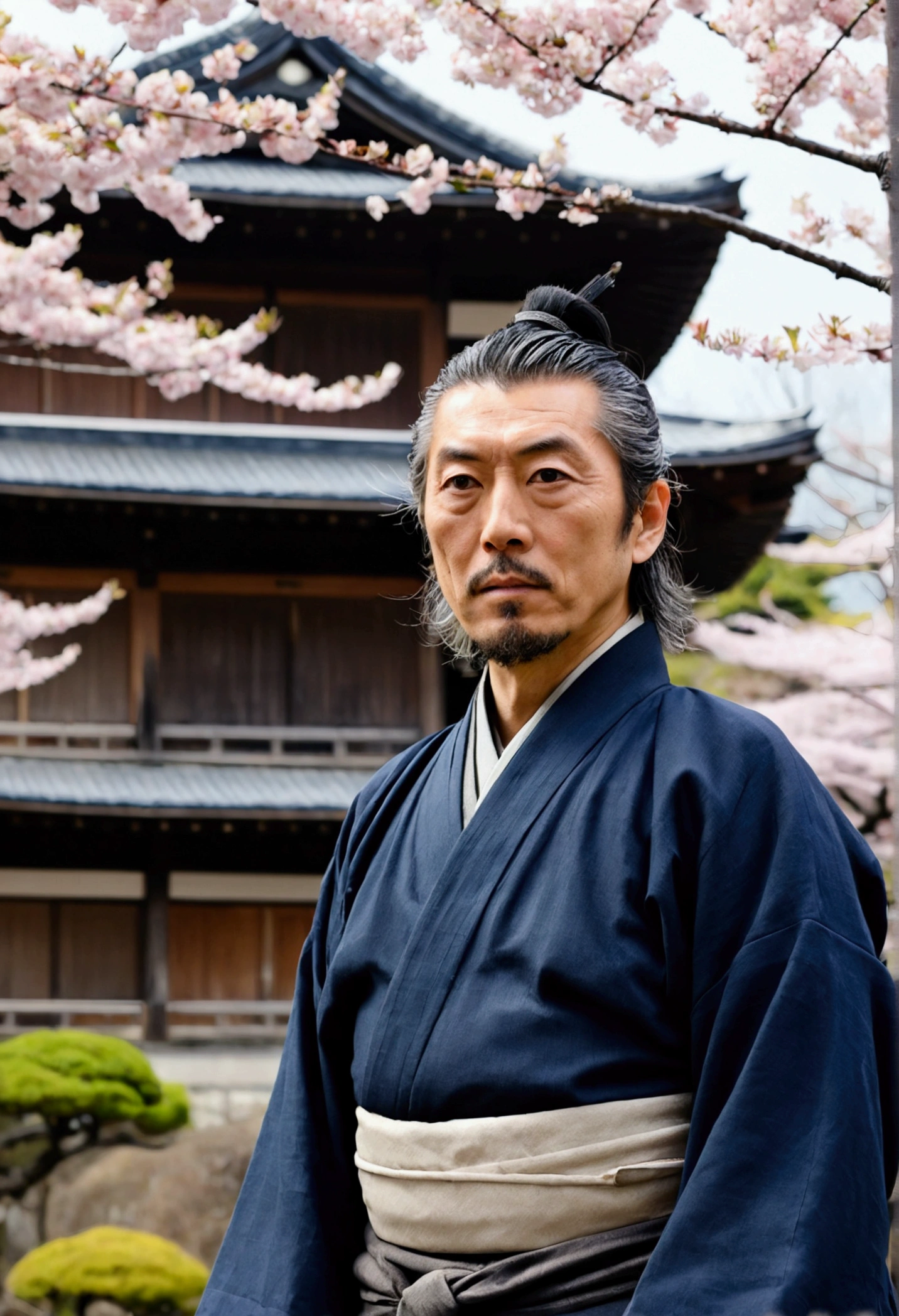 「Portrait of Miyamoto Musashi standing in front of an old Japanese castle。In a historic atmosphere、Cherry blossom trees are blooming in the background。」