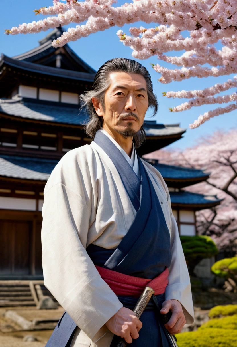 「Portrait of Miyamoto Musashi standing in front of an old Japanese castle。In a historic atmosphere、Cherry blossom trees are blooming in the background。」