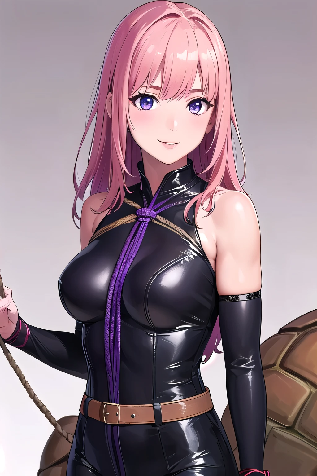 (8K, top-quality, masterpiece:1.2), (realistic, Photorealistic:1.37), Super Detail, One girl,), (Highly detailed:1.1), (beautifully detailed eyes:1.1), (of the highest quality:1.2), (super detailed:1.1) ), (masterpiece:1.2), (Detailed face:1.1), 20yr old, 1 girl, (pink hair,long hair), medium breasts, clothed, Perfect Lighting, BREAK, (tight black bodysuit with glossy finish, purple piping details:1.2), (long purple sheer sleeves:1.2), (black glossy nylons:1.2), pointed heels, mysterious accessories, purple stone choker, leather arm bands, crystal details, belt with purple velvet ribbon, BREAK (upper body to thighs:1.3), intense gaze, (smile:1.2), direct gaze, (holding rope:1.2), (wrapping rope around her body:1.2), (Tortoise shell binding: 1.2),one leg raised, arms showcasing toned muscles, spotlight lighting enhancing glossy bodysuit and hair, white background