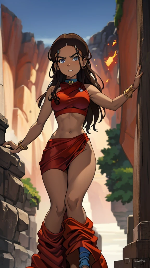 masterpiece, best quality, highres, highest quality, absurdres, kataras3, dark skin, traditional media, (painting \(medium\)), bracelet, long hair, brown hair, crop top, midriff, navel, sharp expressive eyes, wide hips, thick lineart, atmospheric lighting, smooth, beautifully detailed riverbank background, cinematic composition, Joe Madureira,  red clothing, squinted eyes, seductive expression, 