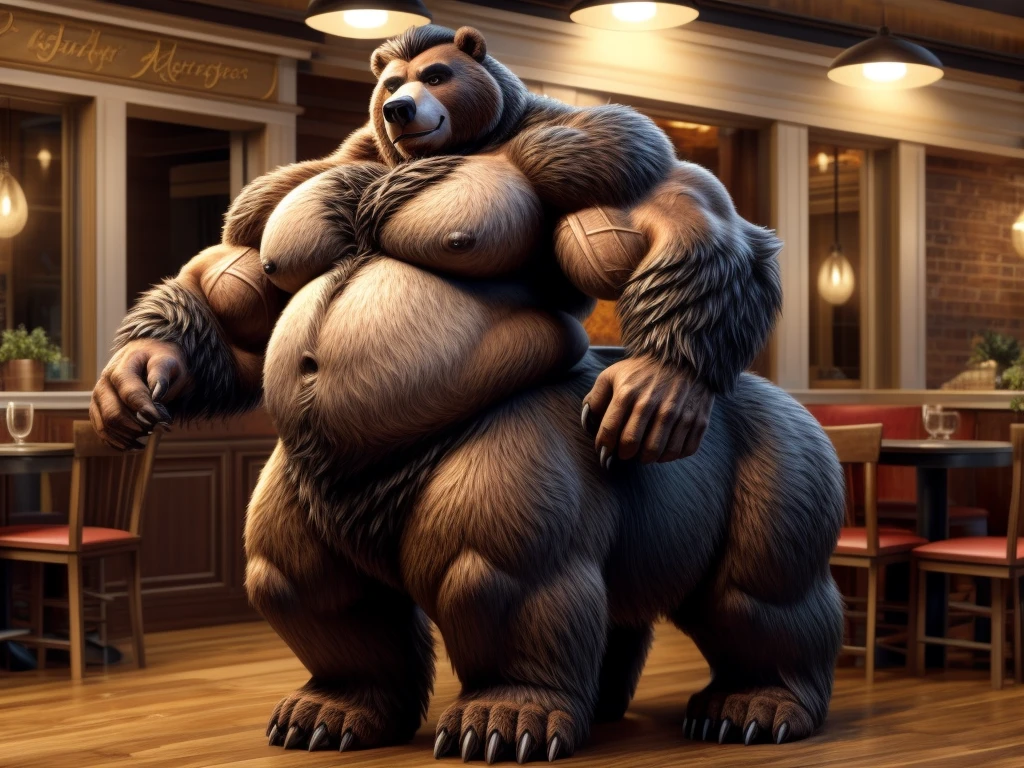 furry, fur taur, beartaur, human-like, anthro,  middle-age, solo,1man, detailed face, bear ears, bear eyes(brown), bear nose(black), bear mouth, beard(grey), hair, mature hair(grey), detailed arm, thick arm, forearm hair, muscular, thick hands(5 fingers), thick claws, detailed body belly, thick body, muscle belly(white), thick chest, chest hair(white), nipples, detailed taur body, thick taur body, waist hair, thick bear paws, bear paws hair, thick bear claws, thick bear tail, full body shot, standing in the Germany bistro
