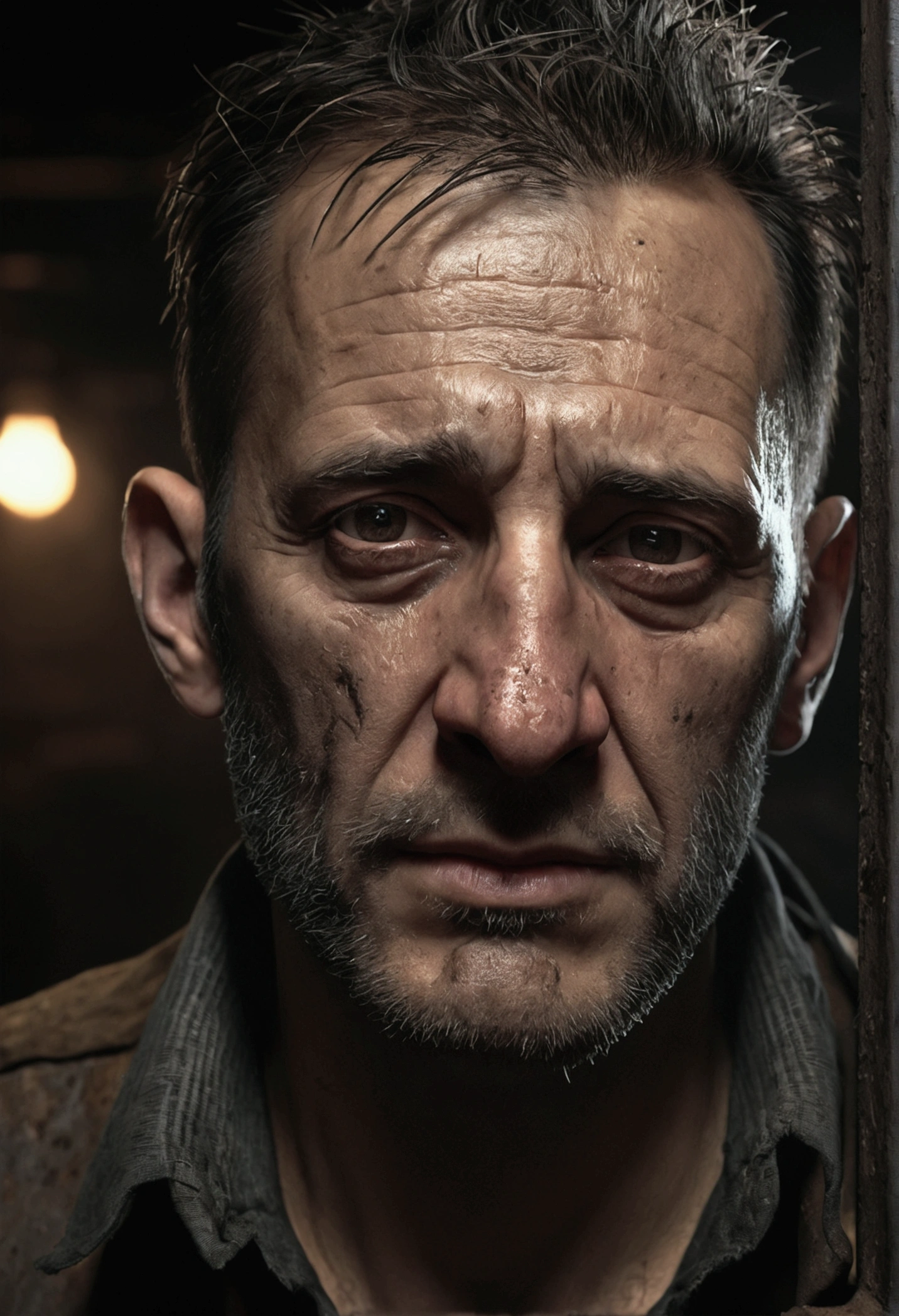 A man with a rat face, detailed and realistic portrait, dark and moody atmosphere, chiaroscuro lighting, dramatic pose, intricate facial features, expressive eyes, long whiskers, twitching nose, sharp teeth, dirty and ragged clothing, grime and dirt, industrial background, cinematic composition, photorealistic, unreal engine, 8k, high quality, masterpiece