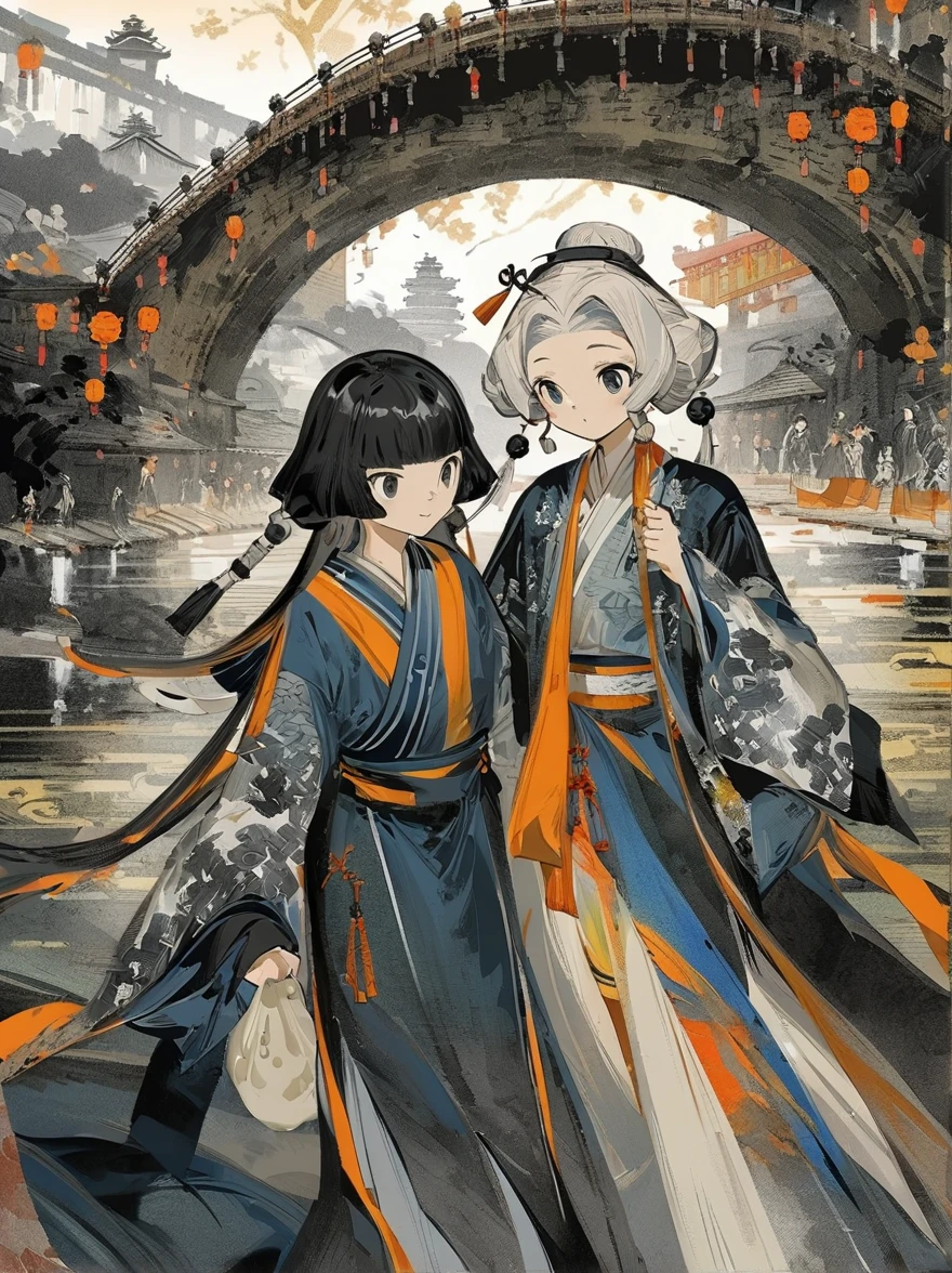 (n style of Wu Guanzhong:1.9), concept art ink wash painting of romantic Qixi Festival a chinese boy and girl in hanfu . love story of Weaver Girl and Cowherd, magpie bridge, and starry reunions . monochromatic, loose, fluid, expressive, delicate,colorful . digital artwork, illustrative, painterly, matte painting, highly detailed