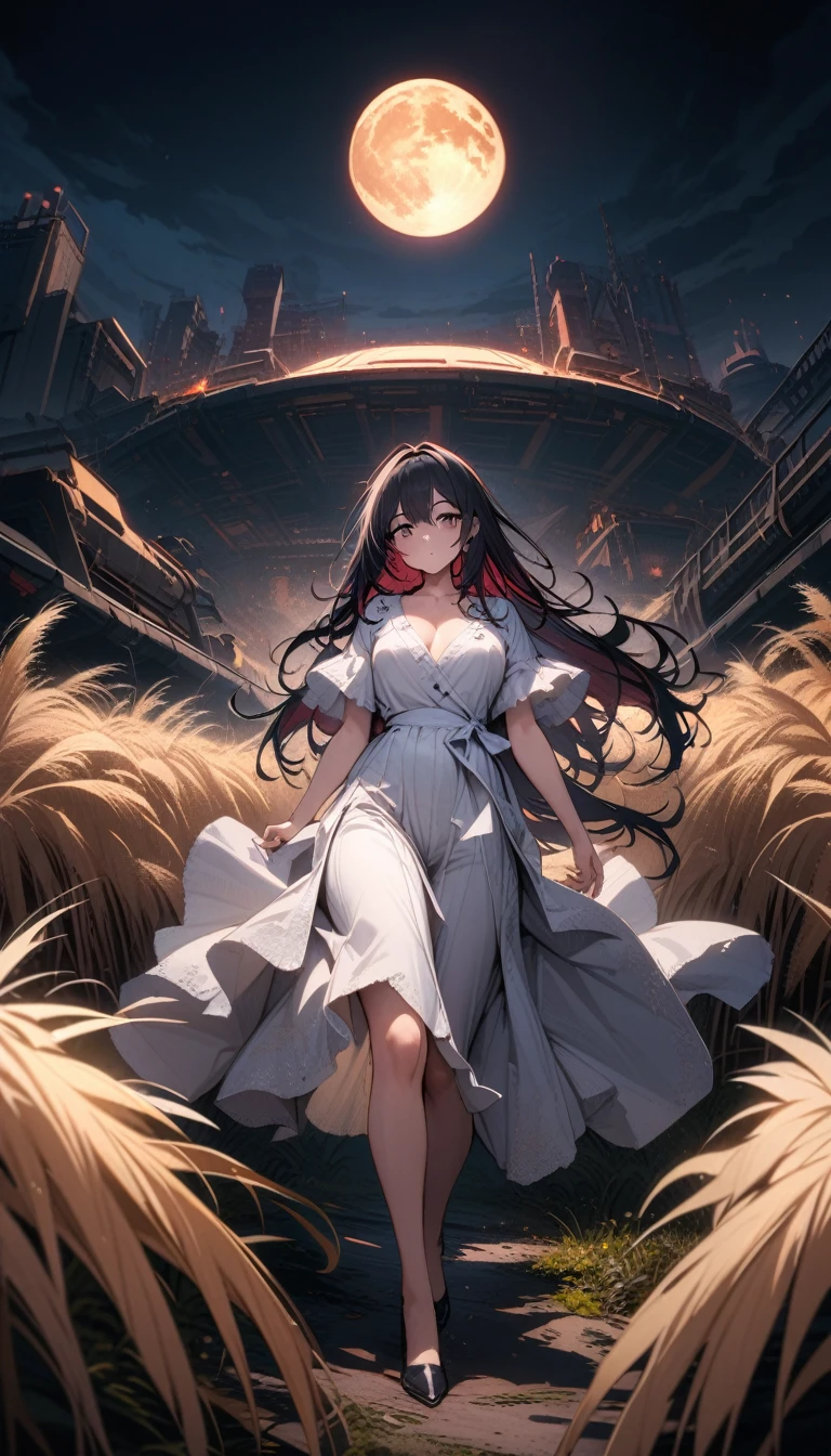 ((best quality)) , ((masterpiece)) , (detailed),Color splash, Ghostly Astronaut (Li Gong:1.3) , wearing Shabby Chic Wrap dress, has metallic plating, Colored hair, Fossil fuel power station in background,beautiful detailed pampas grass field, open hakama, surrounded by floating sakura, yellow full moon, beautiful detailed dark midnight sky, messy white long hair