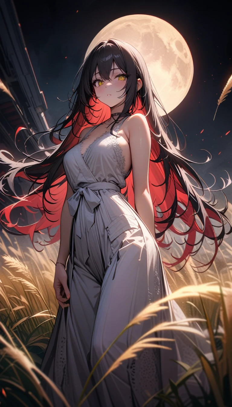((best quality)) , ((masterpiece)) , (detailed)，Color splash, Ghostly Astronaut (Li Gong:1.3) , wearing Shabby Chic Wrap dress, has metallic plating, Colored hair, Fossil fuel power station in background,beautiful detailed pampas grass field, open hakama, surrounded by floating sakura, yellow full moon, beautiful detailed dark midnight sky, messy white long hair
