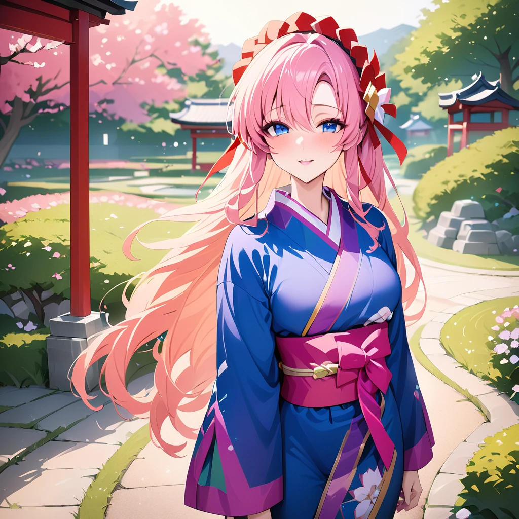 ((Highest quality)), ((masterpiece)), (detailed), （Perfect Face）、The woman is Lacus Clyne, with blue eyes, medium-long pink hair, and is wearing a gorgeous, vibrant kimono and a gorgeous Japanese headdress.、The woman is in a Japanese garden