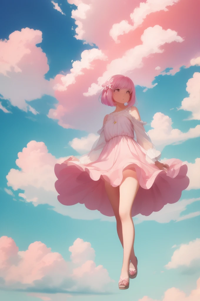 A beautiful girl merged into a pink cloud floating in the sky, Bob cut blended into the clouds, Hold Pink Cloud, Pale pink style, Pale colors, Bright colors, Fantasy watercolor style, Soft Blending, A dreamy, romantic wash, Refreshing texture