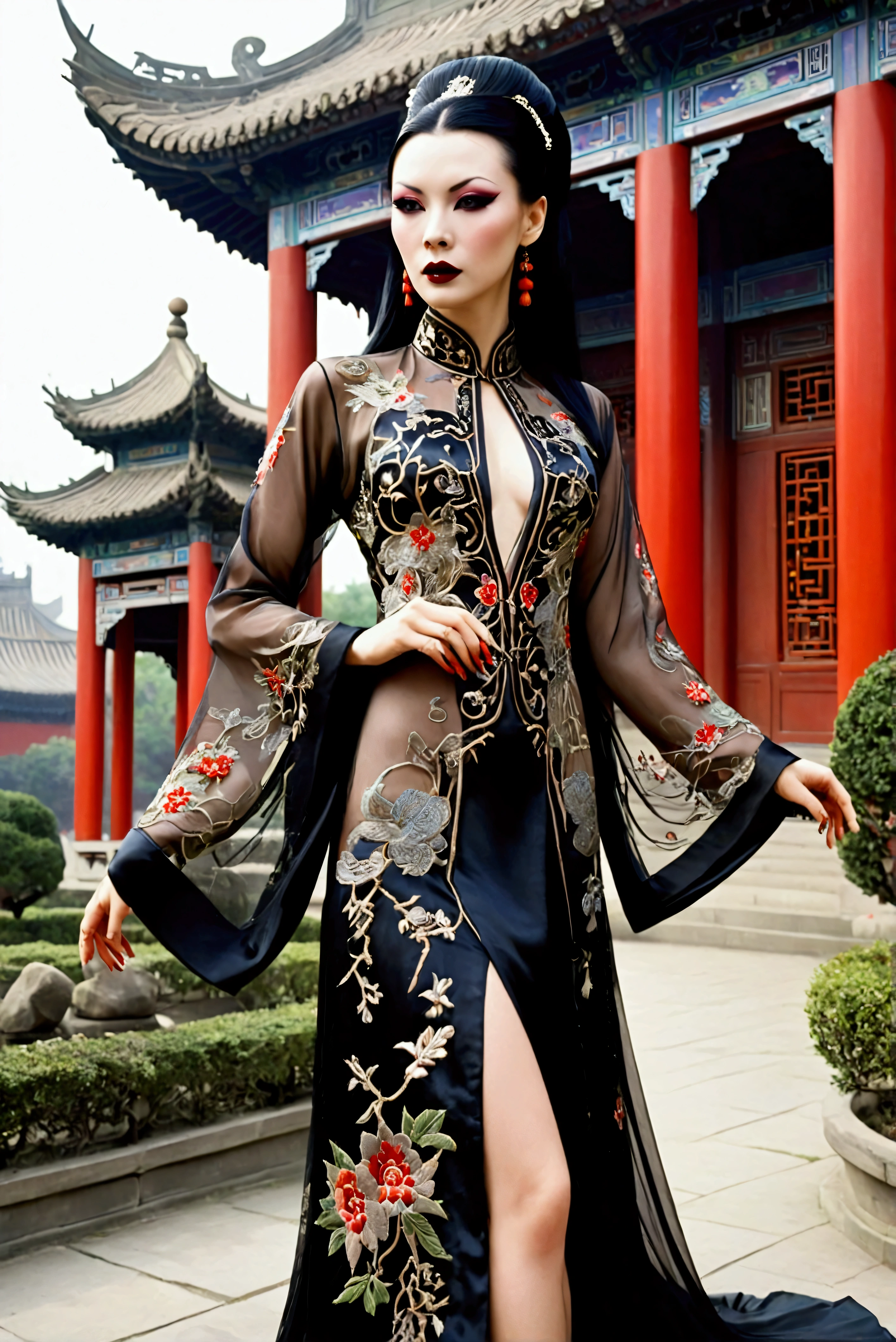 1 woman (Vampira Maila Nurmi, age 25, intricate silk Chinese dress with lots of embroidery sheer with several large slits, no underwear, traditional hairstyle and Chinese makeup) wandering through a palace garden
