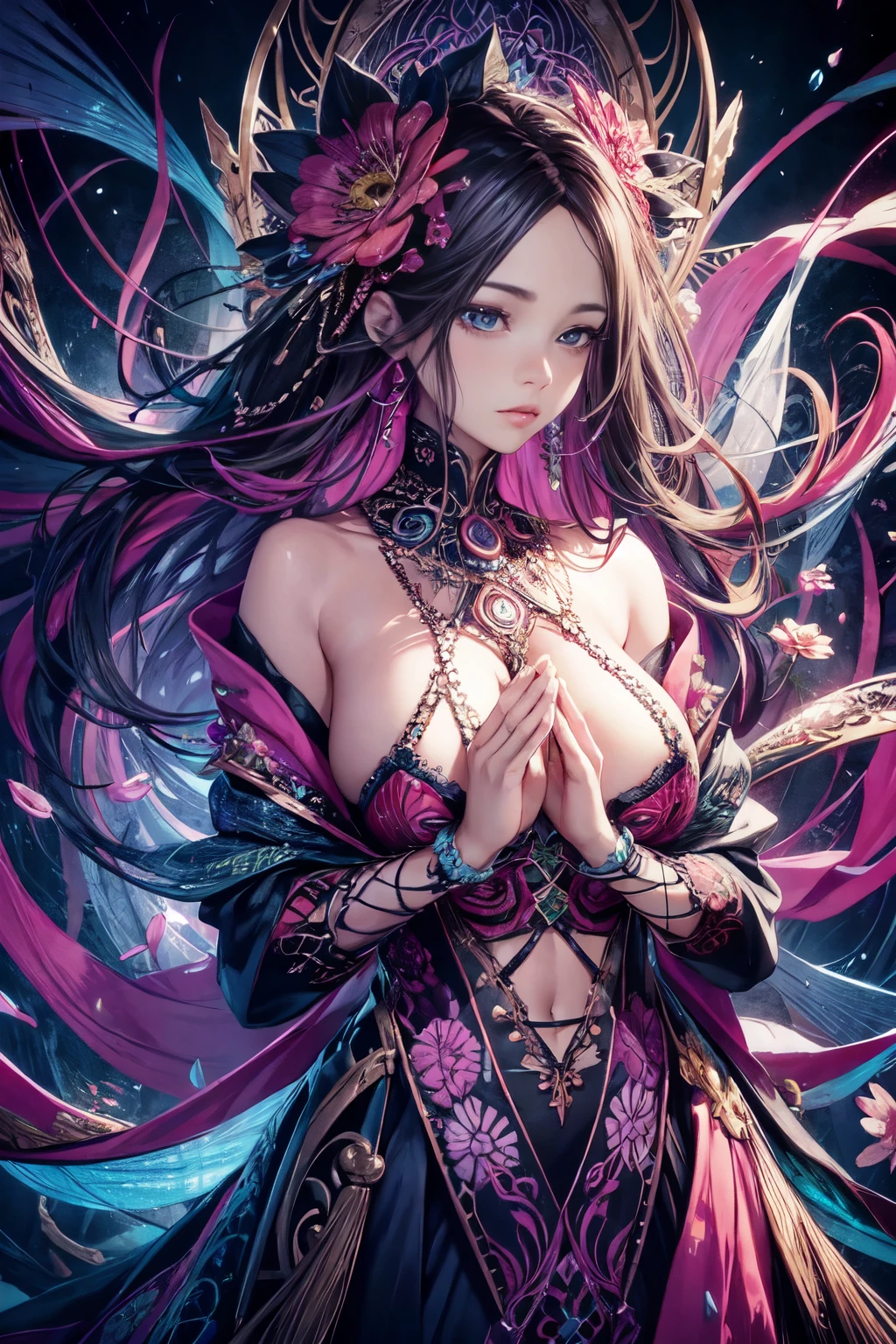 official art, unity 8k wallpaper, ultra detailed, beautiful and aesthetic, beautiful, masterpiece, best quality, (zentangle, mandala, tangle, entangle), (ecstasy of flower:1.2), dynamic angle, cowboyshot, the most beautiful form of chaos, elegant, a brutalist designed, vivid colours, romanticism, atmospheric, (pureerosface_v1:0.3),