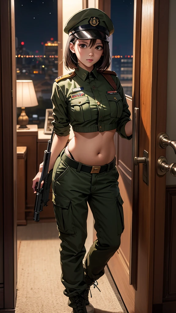 Woman in crop top military uniform, Cargo pants, military hat, knock on the door, in the night, holding a gun, showing a lot of belly