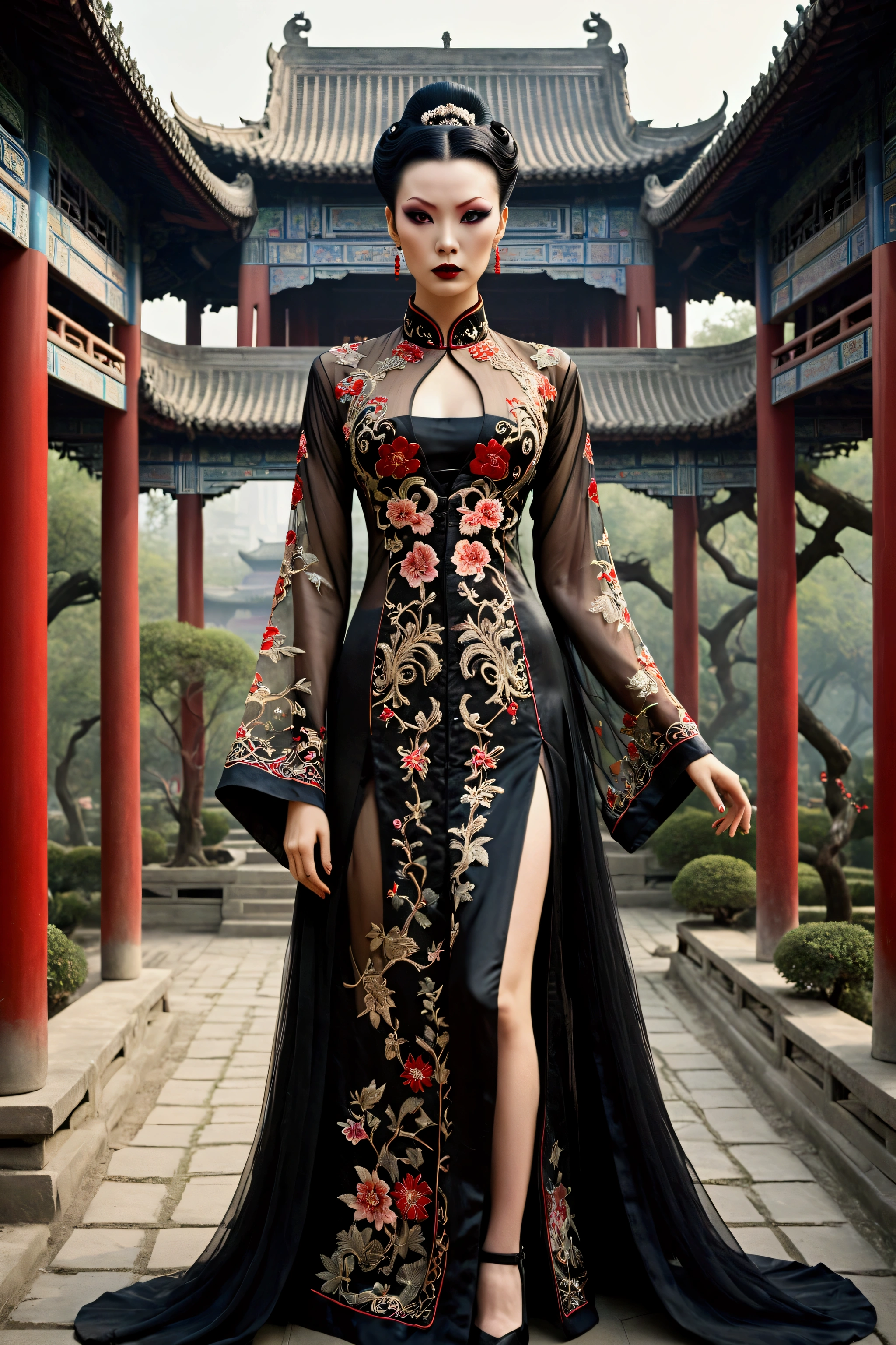 1 woman (Vampira Maila Nurmi, age 25, intricate silk Chinese dress with lots of embroidery sheer with several large slits, no underwear, traditional hairstyle and Chinese makeup) wandering through a palace garden