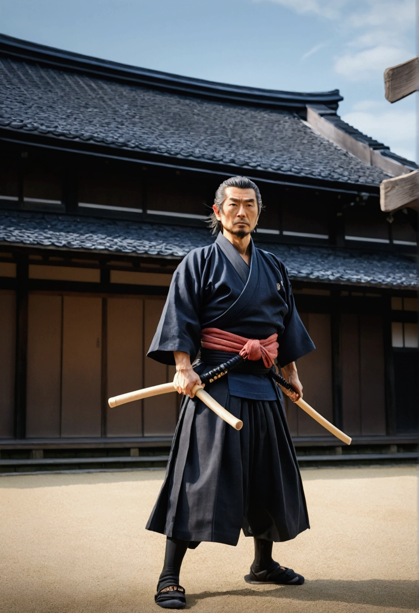 ((Masterpiece)), ((highly detailed)), a samurai, muscular body, big body, strong body, brown male kimono, tattsuke pants, katakana, samurai hair style, shaved face, age 50, angry face, full body,