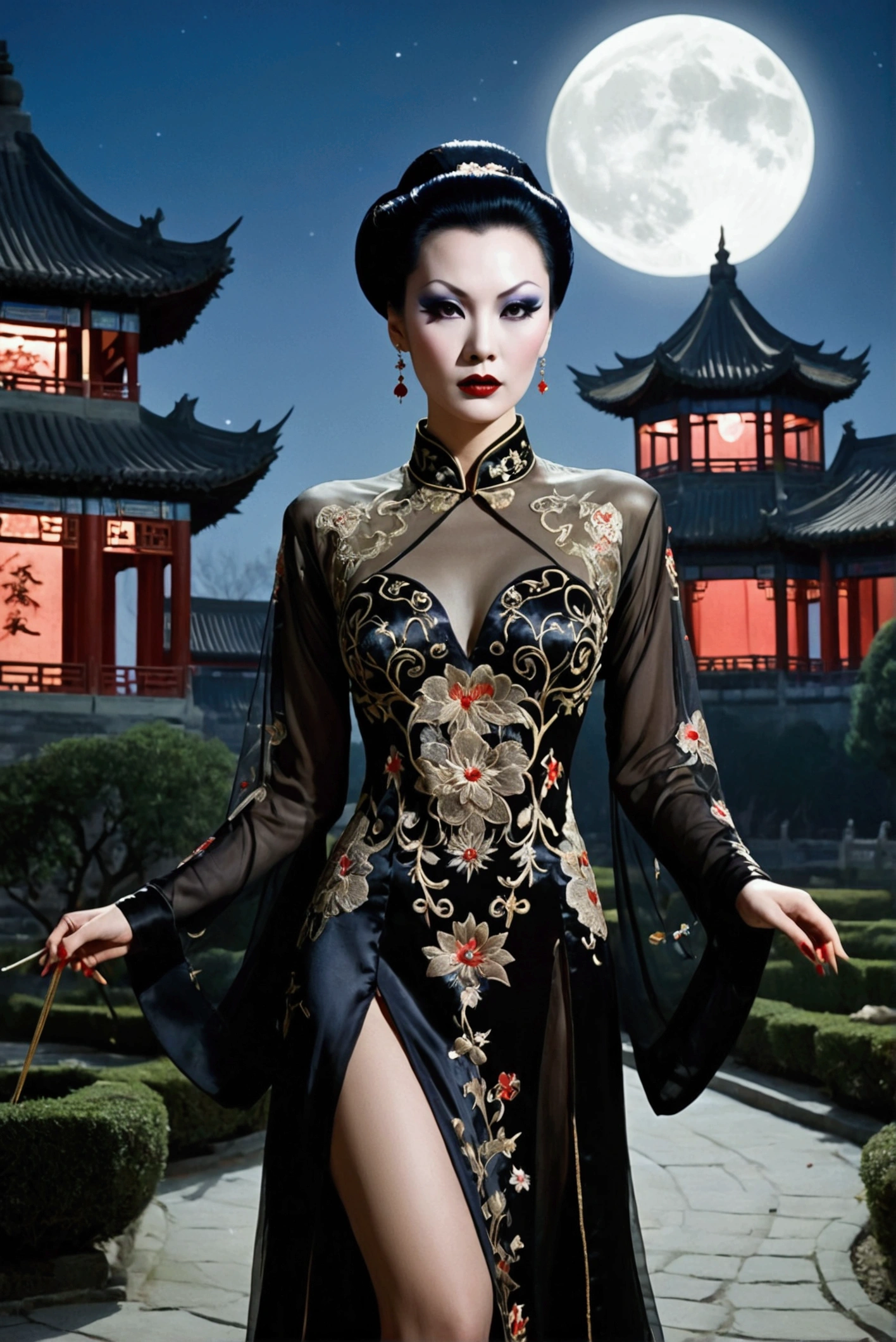 1 woman (Vampira Maila Nurmi, age 25, intricate silk Chinese dress with lots of embroidery sheer with several large slits, no underwear, traditional hairstyle and Chinese makeup) wandering through a moonlit palace garden, seductive horror