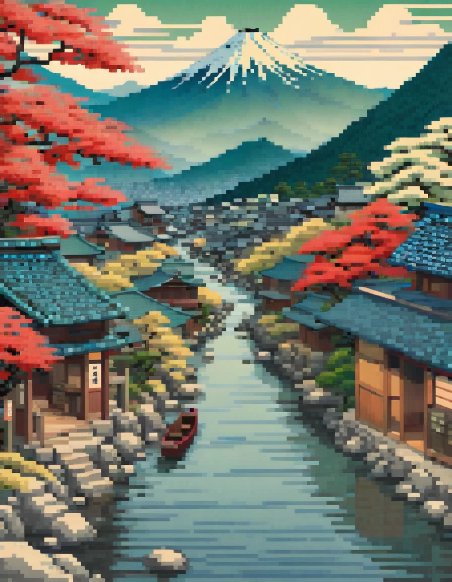 illustration of a mountain town with a river and a mountain in the background, in the art style of ukiyo - e, inspired by Yoshida Hanbei, inspired by Kawase Hasui, detailed scenery —width 672, inspired by Hasui Kawase, kilian eng vibrant colours, detailed digital illustration, inspired by Tōshi Yoshida