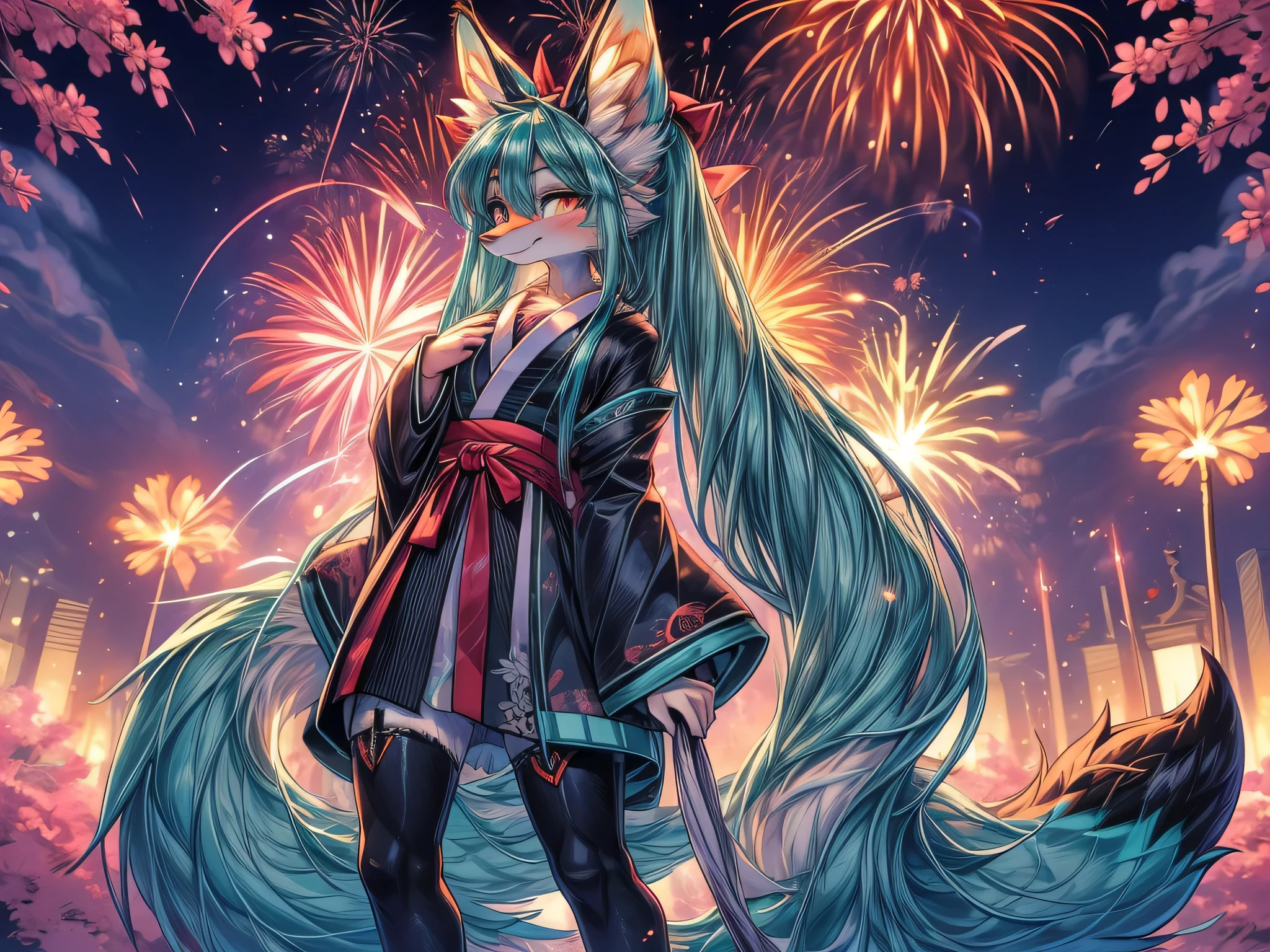 ((A masterpiece))The best quality, Japanese Teen Hatsune Miku x Kitsune , fox face elongated snout add detail, Surprise face, add_Detailsl, guerrero kitsune en el hanami de primavera add_Detailsl:1, add descalzo_Detailsl:1 mystical aura, enjoy the fireworks add_Details, fullbody