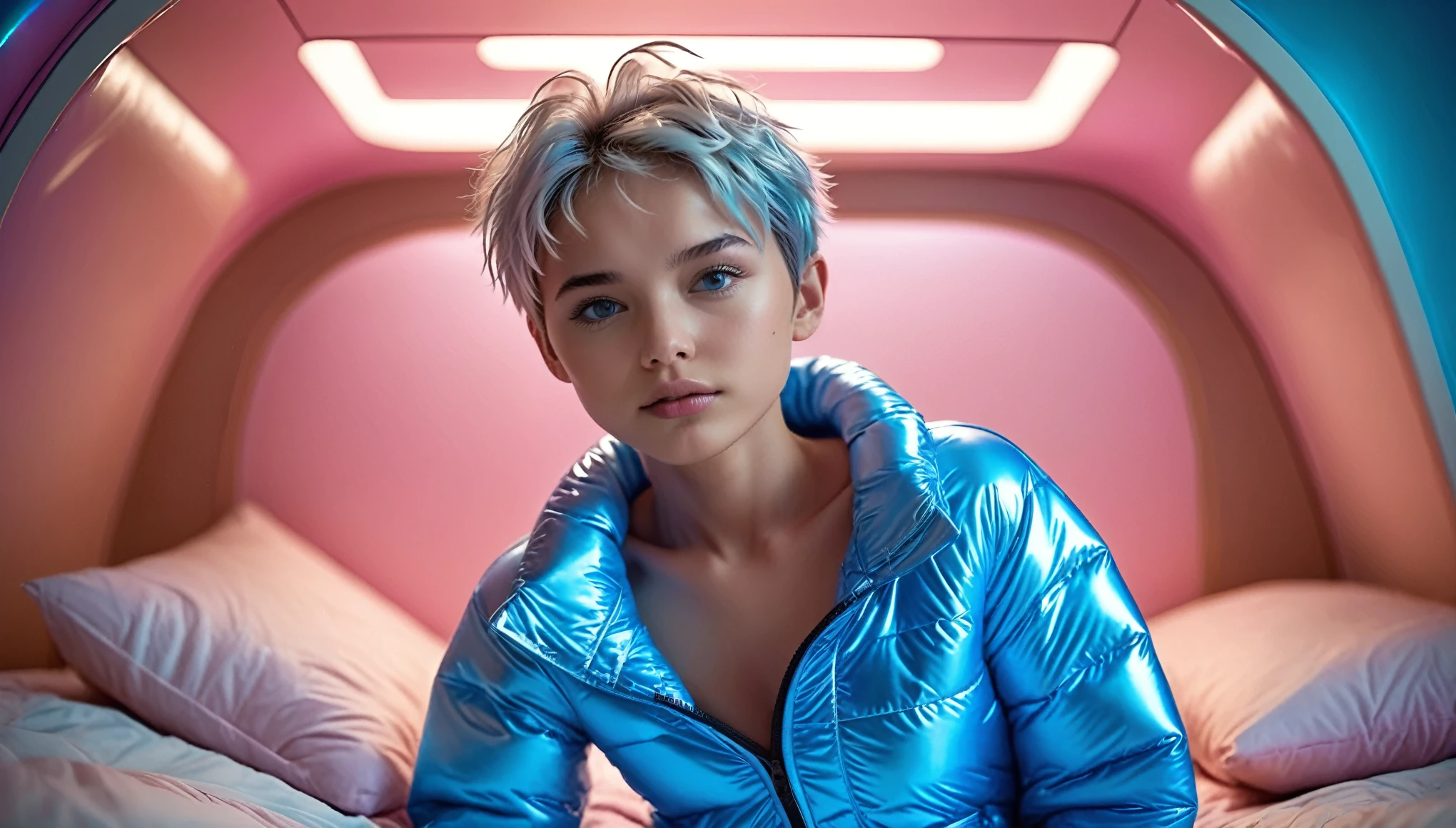 Top Quality, Masterpiece, High Resolution, 8k, ((2 cute barely legal girls kissing in a light pink blue open shiny puffer with plunging neckline, short sleeves, wide neckline, deep neckline, small perky breasts, extremely detailed face, detailed slightly open eyes, beautiful detailed lips, short asymmetrical pixie hair, small hips)), in a spaceship, on bed, intricate details, at night, backlit, random neon color, full body shot, view from distance, random pose