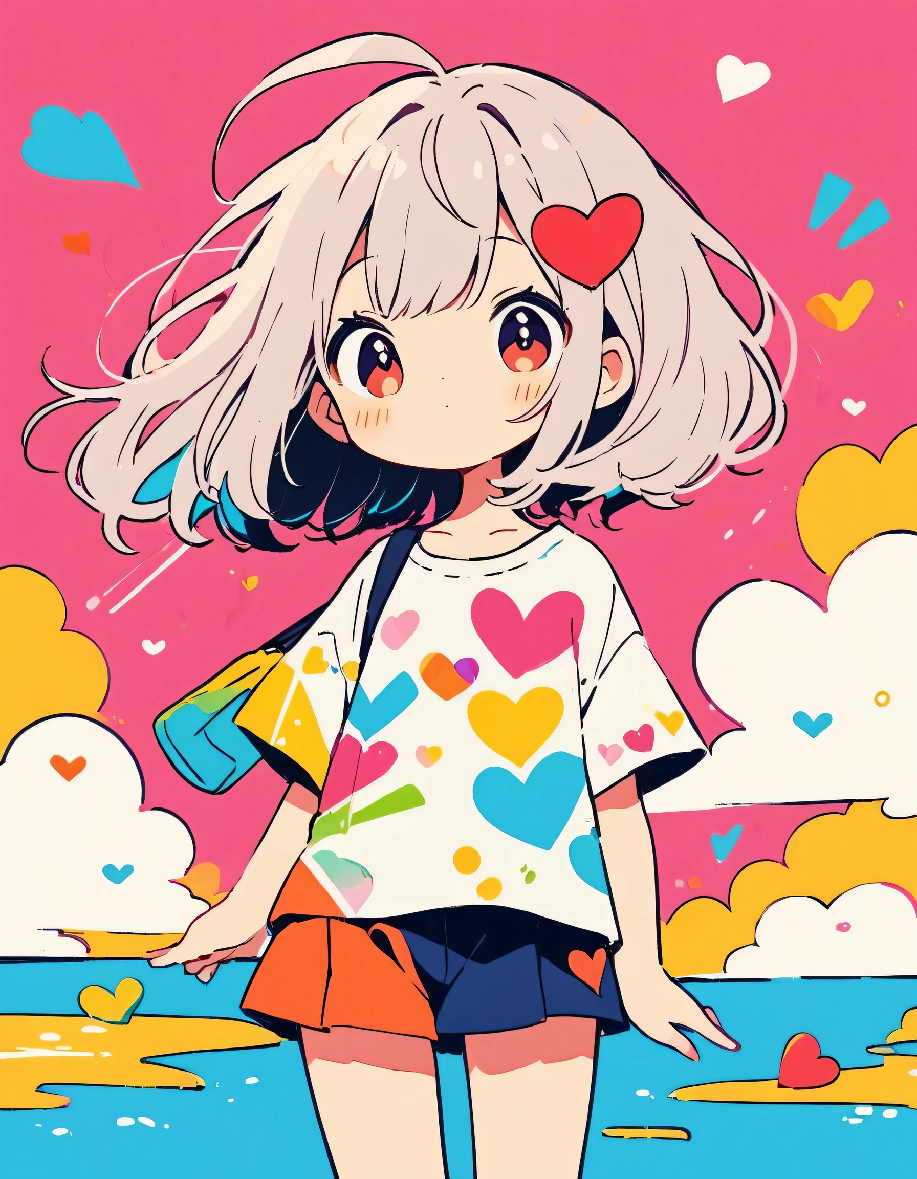Hayao Miyazaki colorful style, Simple Line Initialism,Abstract art,Urban Background, (((The most beautiful girl of all time))), Sweet face. colorful hearts, kawaii design, summer beach