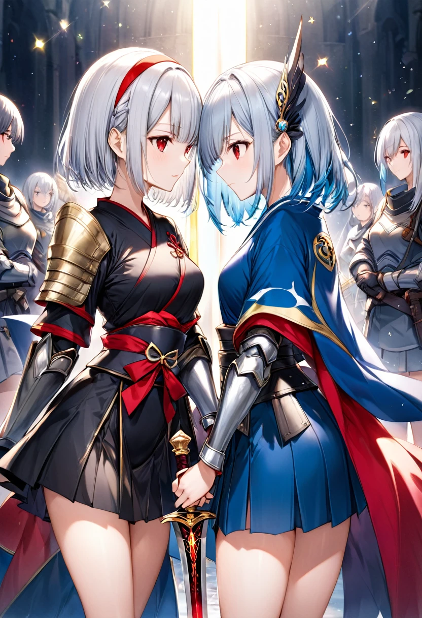 Two Girls(The first was(Silver hair short bob,Red eyes,kimono,Holds a golden sword,Silver Armor,Thighs,Blue Cape,White headband、Align to the right)、(The second person is(Long blue hair,Red eyes,Black armor,Dress-style outfits,mini skirt,Thighs,Having a spellbook,)Place Left)corrinFE、stand、face each other in the center and hold hands、Gazing at each other、The background is brighter on the right、dark on the left.、Light and Dark、Lots of soldiers in the background、high resolution、The background in the middle is dazzling、