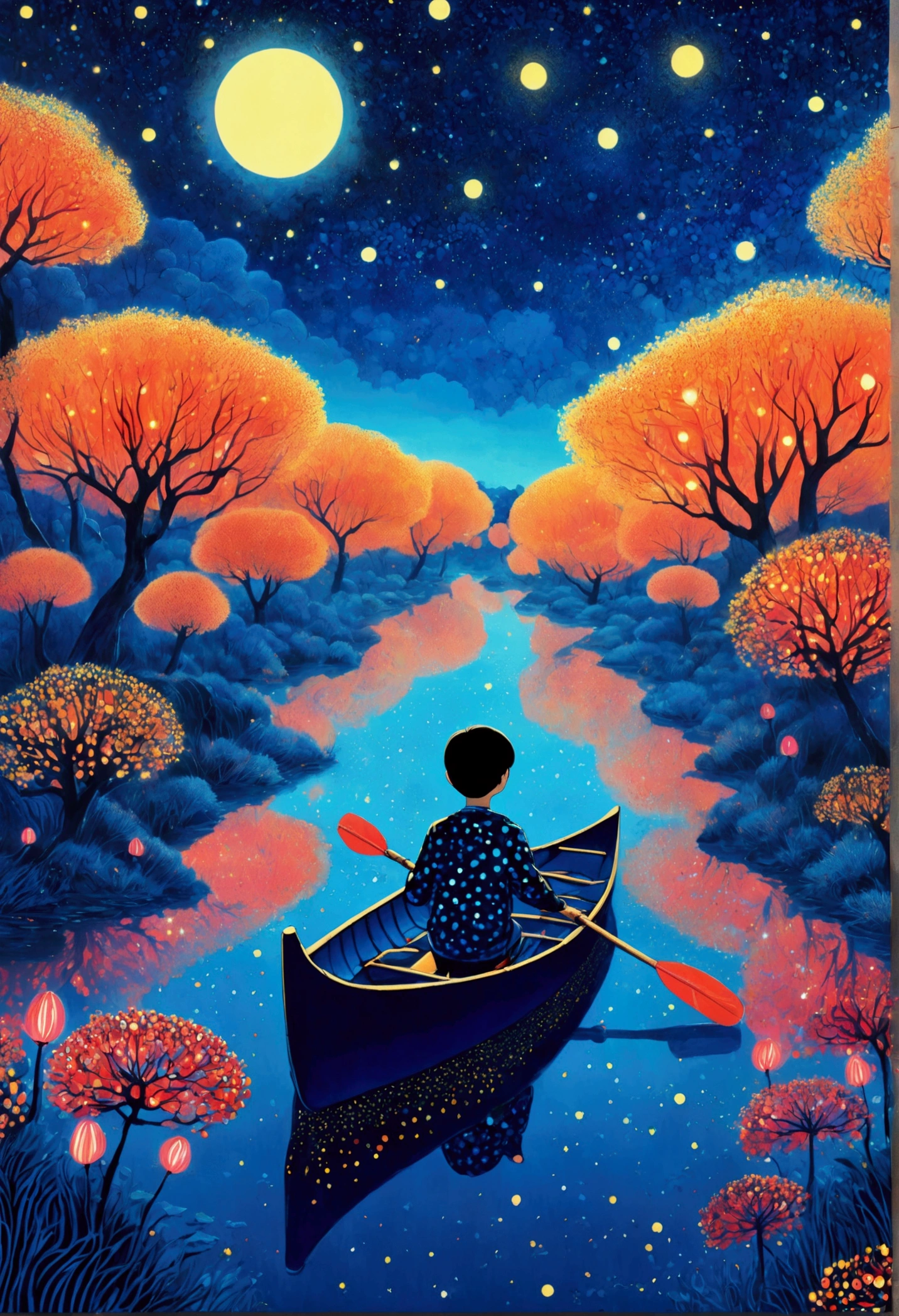 Blue starry sky、Neon,Boy rowing alone,firefly,Dreamy colors,Illustration style(Artists can refer to Yayoi Kusama)