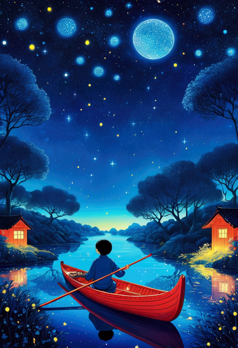 Blue starry sky、Neon，Boy rowing alone，firefly，Dreamy colors，Illustration style（Artists can refer to Yayoi Kusama）