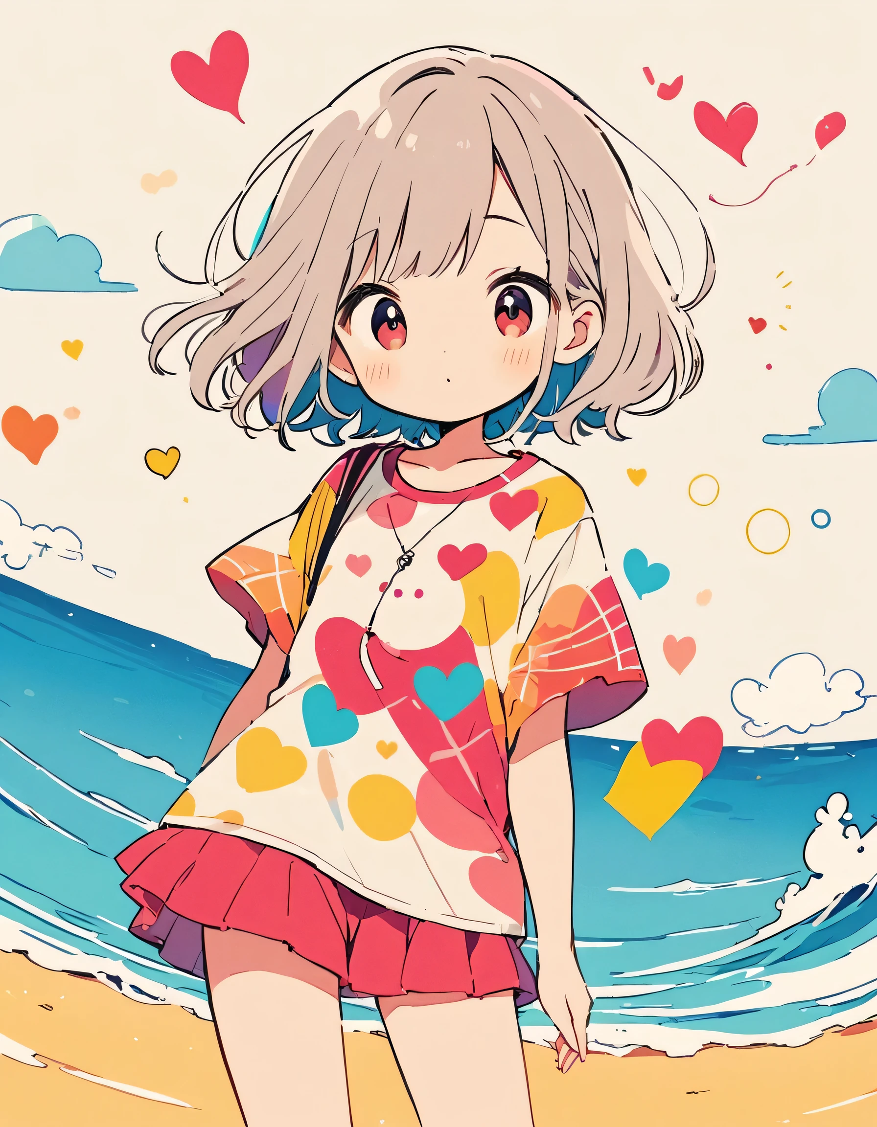 Hayao Miyazaki colorful style, Simple Line Initialism,Abstract art,Urban Background, (((The most beautiful girl of all time))), Sweet face. colorful hearts, kawaii design, summer beach