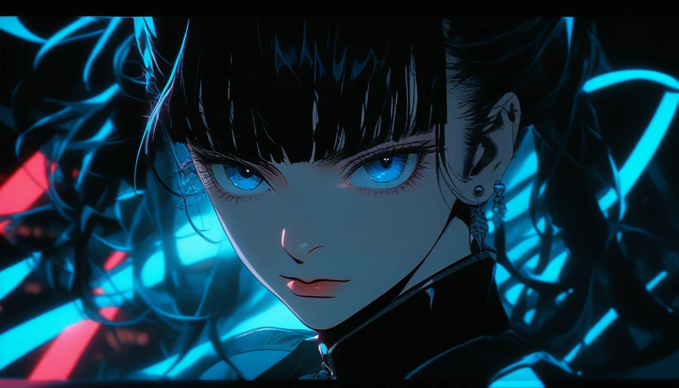 original character,blue eyes,Hair is permed,Dark makeup,Battle Mode,Realistic, Analog Style, VHS style,, chromatic aberration, DVD Screen Grab, 80s movie, Cinema Lighting, Live Portrait Shooting, Contemporary photography, Dark and intense gothic style, light black, China Punk, thin, Attention to detail, Realisticな影, Move, Movie stills