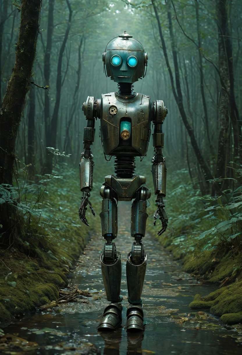 full length representation. A little funny robot, Porcelain face and head, Big turquoise eyes, Perfect Eyes, Highest quality. Beautiful cinematic impressionist paintings, Dark dramatic characters. Andrew Wyeth style, Charlie Boyett, Albert Joseph Penaud, Dariusz Zawadzki. tetsuya ishida. Zdzislaw Beksiński. Patrizia Piccinini. Mark Powell. Sven 37