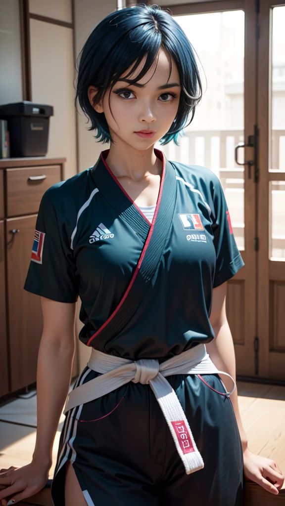 One girl, alone, cute, 24 years old, Olympic, Judo, Serious expression, Black belt, Blue Hair, Short Hair, green eyes, dynamic posing,