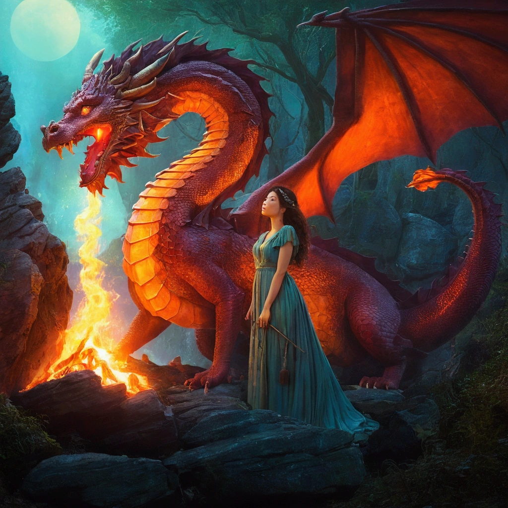 The painting shows a woman wearing a dress、Woman with curly brown hair, Under the dragon standing on a rock ledge in the fire, Fire Goddess, Wonderful fiery mood, Fantastic numbers, Magical colors and atmosphere, Get lost in a dreamy fairytale world, Magical colors and atmosphere, fiery glow, moody misty fantasy art, Standing in the mysterious forest, Fantasy Numbers, Dragon Calm, Dreamlike scene, Mysterious scene,