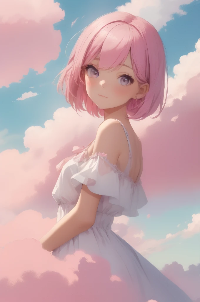Absurd, Highest quality, A beautiful girl merged into a pink cloud floating in the sky, Bob cut blended into the clouds, (Hold Pink Cloud), Pale pink style, Pale colors, Bright colors, Fantasy watercolor style, Soft Blending, A dreamy, romantic wash, Refreshing texture