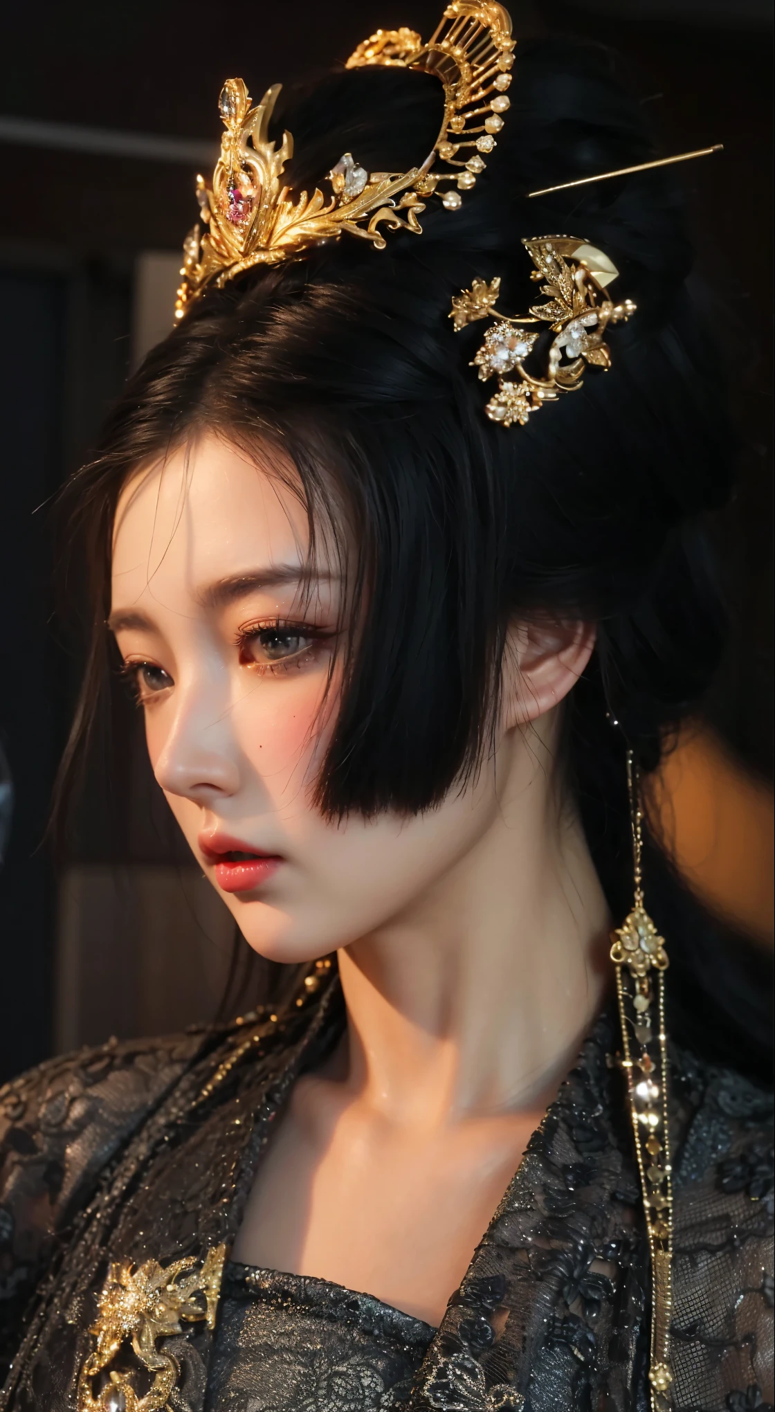 Game Art，CG Animation，Best image quality，Maximum resolution，8K picture quality，(A bust photo)，(portrait)，(Head close-up)，(Rule of Thirds)，Unreal Engine 5 rendering works，20 year old girl，((Queen))，The eyes are very detailed，(Large Breasts)，Elegance and nobility，Ray Tracing，Game CG，((3D Unreal Engine))，OC rendering reflection mode，4K，Ultra-clear，Translucent lace，Fair and plump figure，Pretty Face，Glossy Gel Coat，身着华贵礼服的Queen，Gorgeous clothing，Luxurious and exquisite jewelry，Colorful makeup，Full figure，Dark red lipstick，精致Gorgeous clothing，Supermodel，Gold Jewelry，Luxurious clothing，Gold and diamond jewelry，The queen wears a gorgeous crown