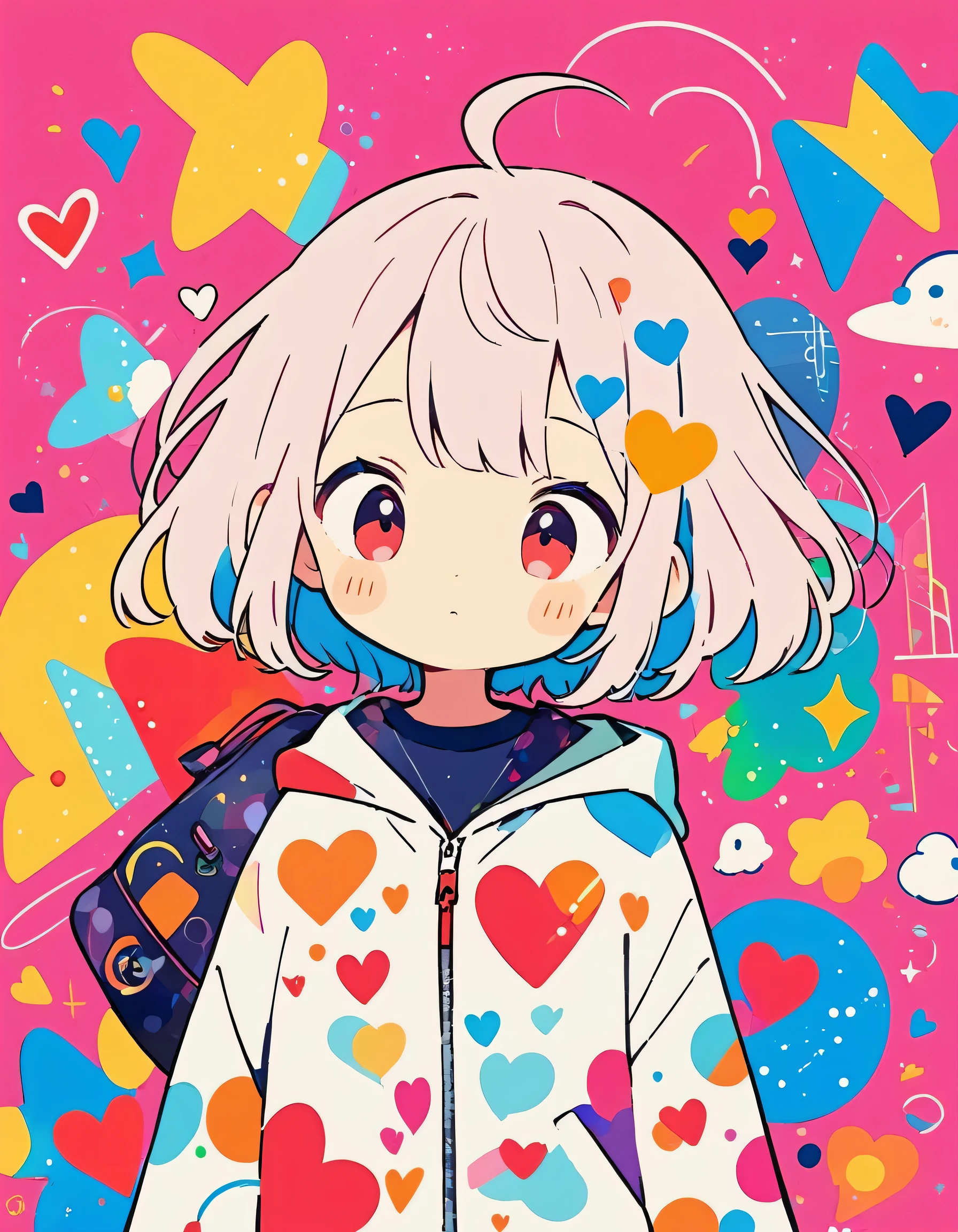 Hayao Miyazaki colorful style, Simple Line Initialism,Abstract art,Urban Background, (((The most beautiful girl of all time))), Sweet face. colorful hearts, kawaii design, (((The background is space)))