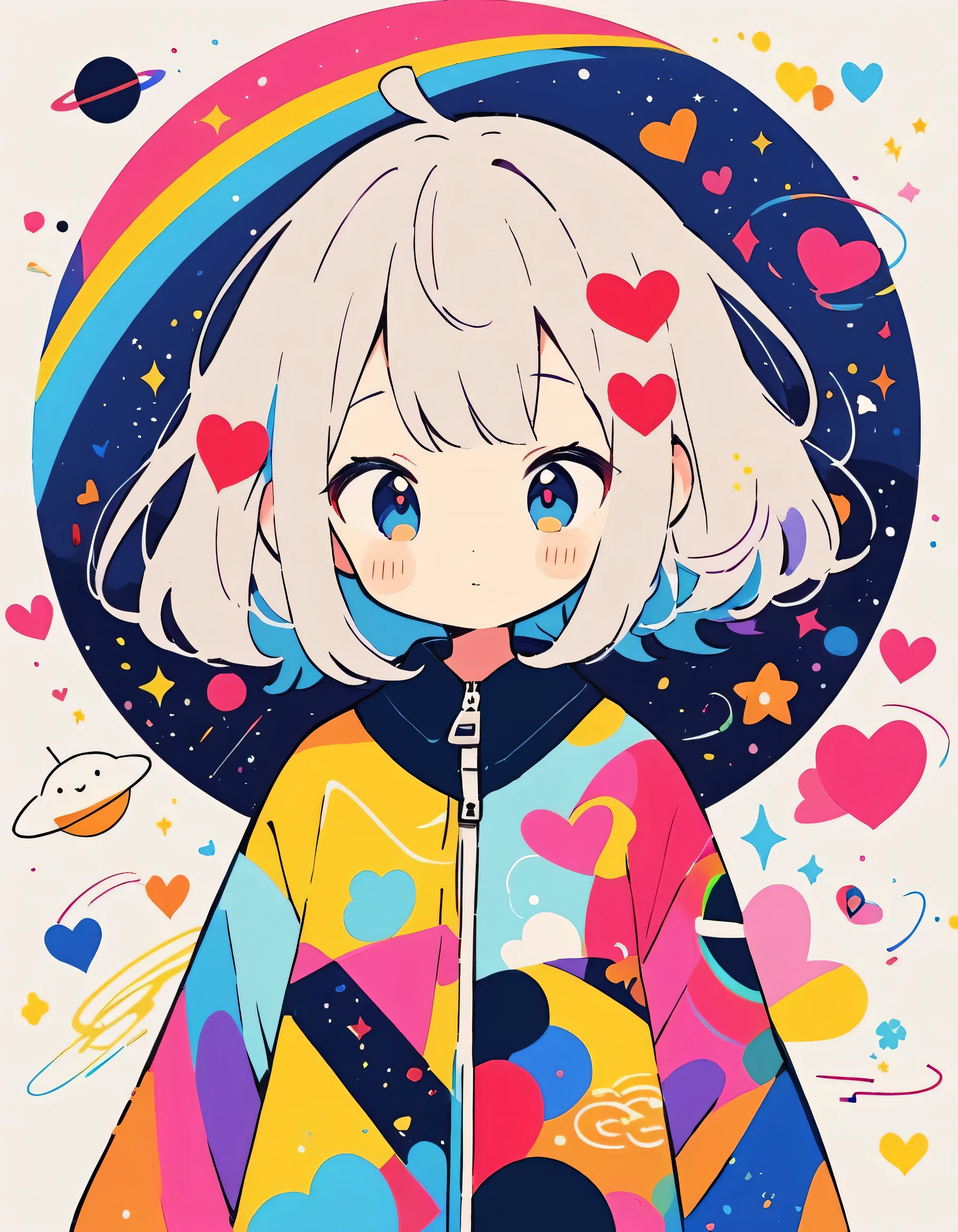 Hayao Miyazaki colorful style, Simple Line Initialism，Abstract art，Urban Background, (((The most beautiful girl of all time))), Sweet face. colorful hearts, kawaii design, (((The background is space)))