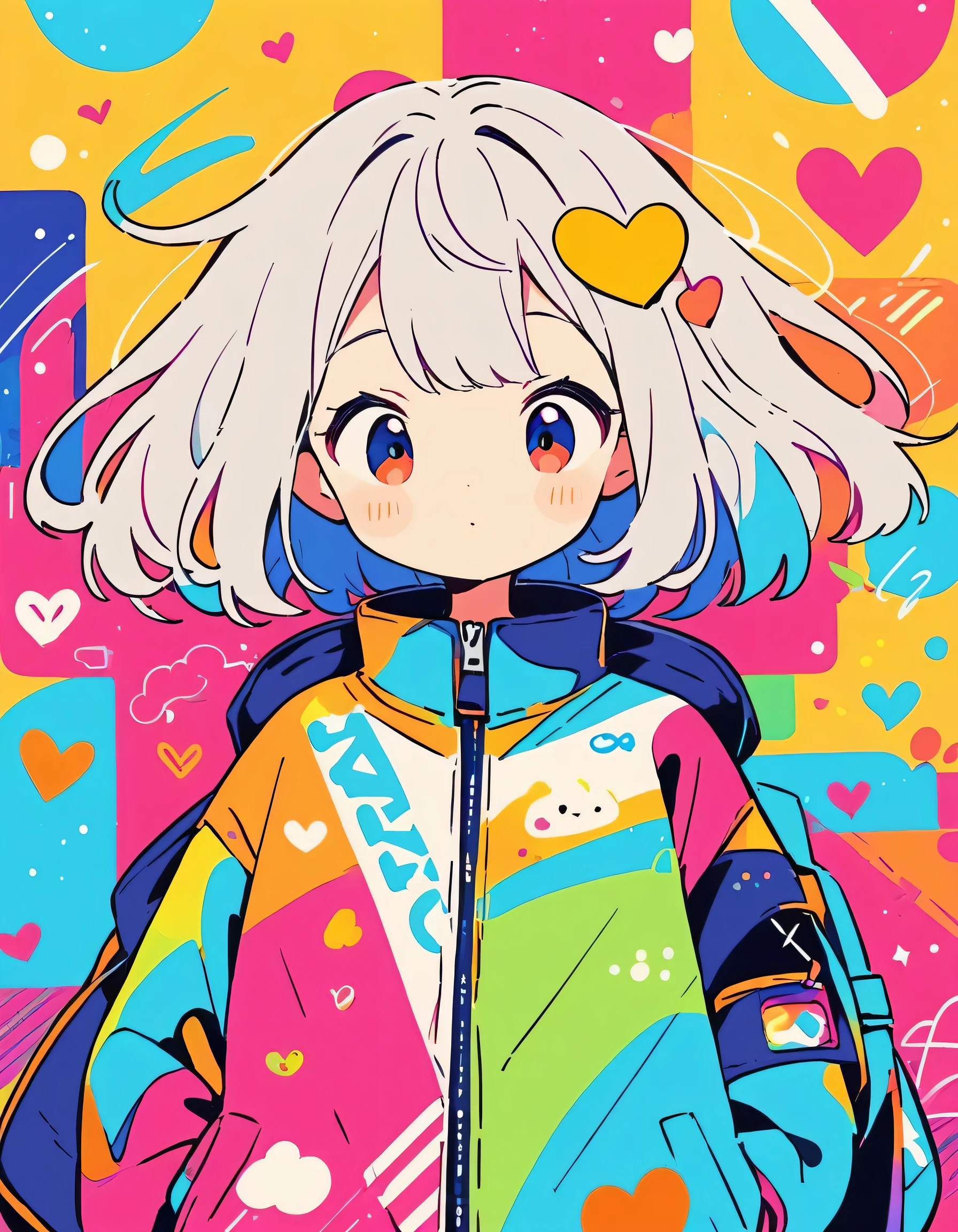 Hayao Miyazaki colorful style, Simple Line Initialism，Abstract art，Urban Background, (((The most beautiful girl of all time))), Sweet face. colorful hearts, kawaii design, (((The background is space)))