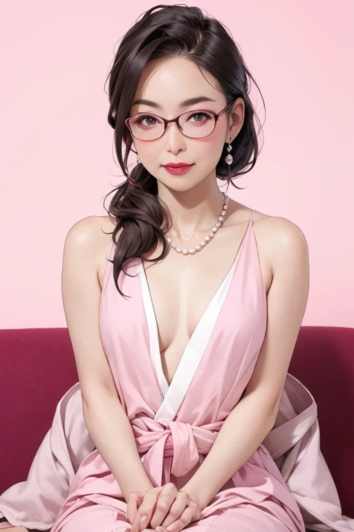 Beautiful and mature 70 year old Japanese woman, 1 female, Old woman, Married women, Long eyelashes, Low Ponytail, Flowing Hair, Red lipstick, Pink Cheeks, Pearl Necklace, Earrings, Dark eyeshadow, wear glasses, Embarrassing, Small breasts, Flat Chest, ((Completely naked)), Beautiful body, Sit on the sofa, Hands behind back, ((Pink Background)), ((Full Body Focus)), Pussy, Browsing Caution