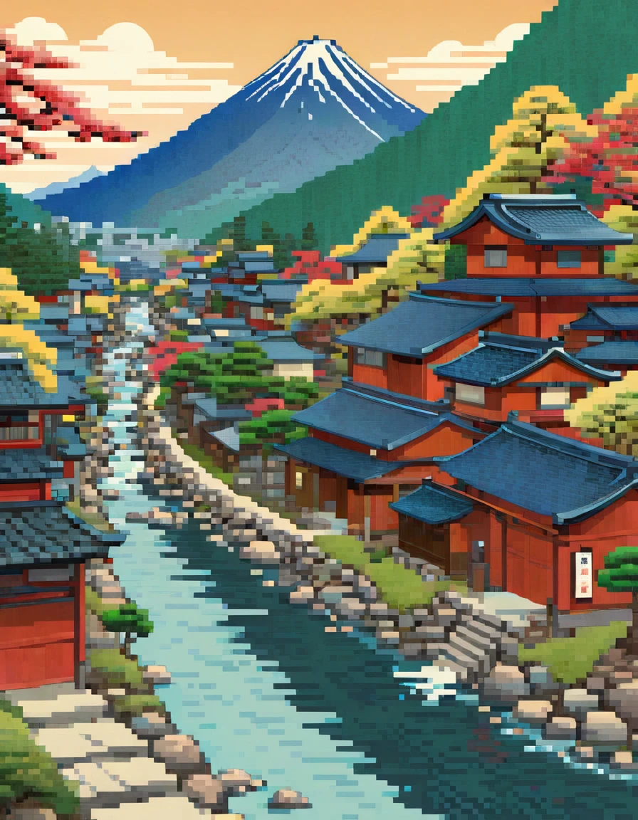 illustration of a mountain town with a river and a mountain in the background, in the art style of ukiyo - e, inspired by Yoshida Hanbei, inspired by Kawase Hasui, detailed scenery —width 672, inspired by Hasui Kawase, kilian eng vibrant colours, detailed digital illustration, inspired by Tōshi Yoshida