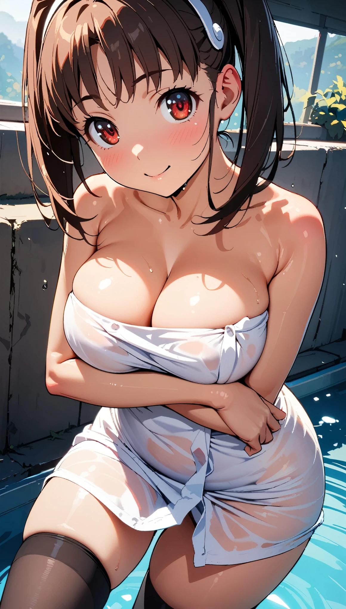 (1girl, Mayoi, monogatari \(series\)), beautiful detailed eyes, red eyes,(tareme), curvy, Slender, large breasts, black thigh highs, (cleavage) , (breast hold), (Naked Towel, ((see-through Naked Towel, 粘着性のあるNaked Towel))), (close-up shot), dynamic angle, Highest quality, Super detailed, masterpiece, Ultra-high resolution, 8k