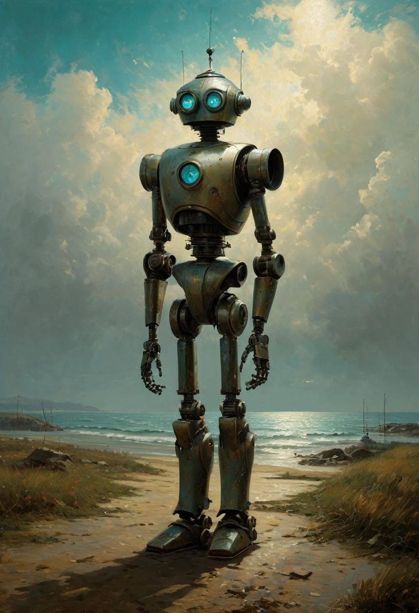 full length representation. A little funny robot, Porcelain face and head, Big turquoise eyes, Perfect Eyes, Highest quality. Beautiful cinematic impressionist paintings, Dark dramatic characters. Andrew Wyeth style, Charlie Boyett, Albert Joseph Penaud, Dariusz Zawadzki. tetsuya ishida. Zdzislaw Beksiński. Patrizia Piccinini. Mark Powell. Sven 37
