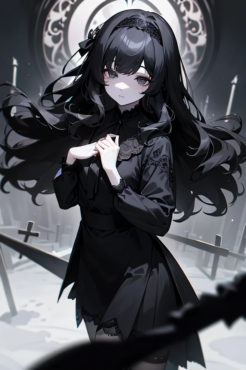 Gloomy girl, with black wavy hair, bangs covering the right eye, with black eyes, with pale skin, wearing a black shirt with a white collar, with long black lace sleeves, a black skirt with a long back and black stockings with a cross, on her head a large lace headband with a knotted bow at the neck, against the background of a cemetery, looking into the camera and holding a cross in her hand