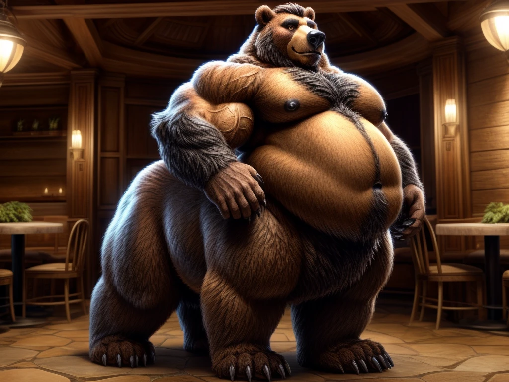 furry, fur taur, beartaur, human-like, anthro, middle-age, solo,1man, detailed face, bear ears, bear eyes(brown), bear nose(black), bear mouth, beard(grey), hair, mature hair(grey), detailed arm, thick arm, forearm hair, muscular, thick hands(5 fingers), thick claws, detailed body belly, thick body, muscle belly(white), thick chest, chest hair(white), nipples, detailed taur body, thick taur body, waist hair, thick bear paws, bear paws hair, thick bear claws, thick bear tail, full body shot, standing in the south america bistro