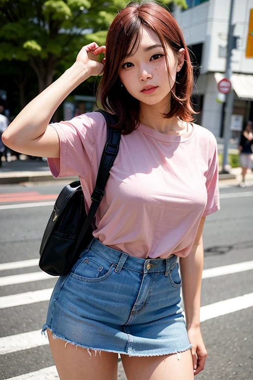 masterpiece, High resolution, Portraiture, Highest quality, High resolution,
(Female: 1 person:1.3), Realistic, alone, Mix of famous Japanese actresses,Pink T-shirt,Wearing a tight miniskirt,Thighs,Daytime shopping, street, Carrying a pink backpack, Asian female college student, (School backpack:1.0),(Big Breasts 1.4),Sweaty,Glowing Skin,Red hair,The background is the government housing