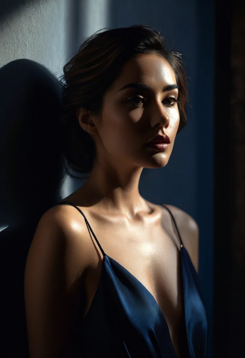 woman bathed in soft light, leaning against a wall, looking into the camera in a moment of raw emotion. Her attire is minimal, accentuating her beauty with the dramatic shadows cast by the lighting. The background is stark, with sharp contrasts highlighting the contours of her form. The blue and black palette intensifies the mood, evoking a sense of mystery and allure. Subtle film grain and meticulous shading add depth and texture, emphasizing the emotional gravity of the scene. The lighting creates a chiaroscuro effect, accentuating her expressive pose and the intense atmosphere.
