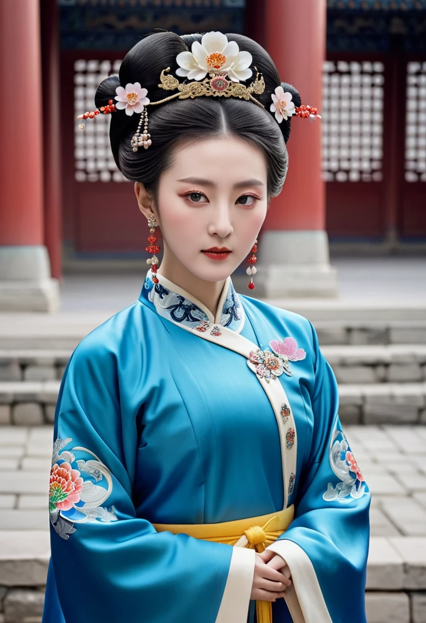 The Empress&#39;s large breasts, hairy body, and pubic hair are visible in this nude, standing pose without underwear.、
Her hair is tied up and pulled up with a gorgeous flower ornament on both sides.、The background of the crowning of the Qing Dynasty empress is the stone paving outside the palace of the Qing Dynasty China.