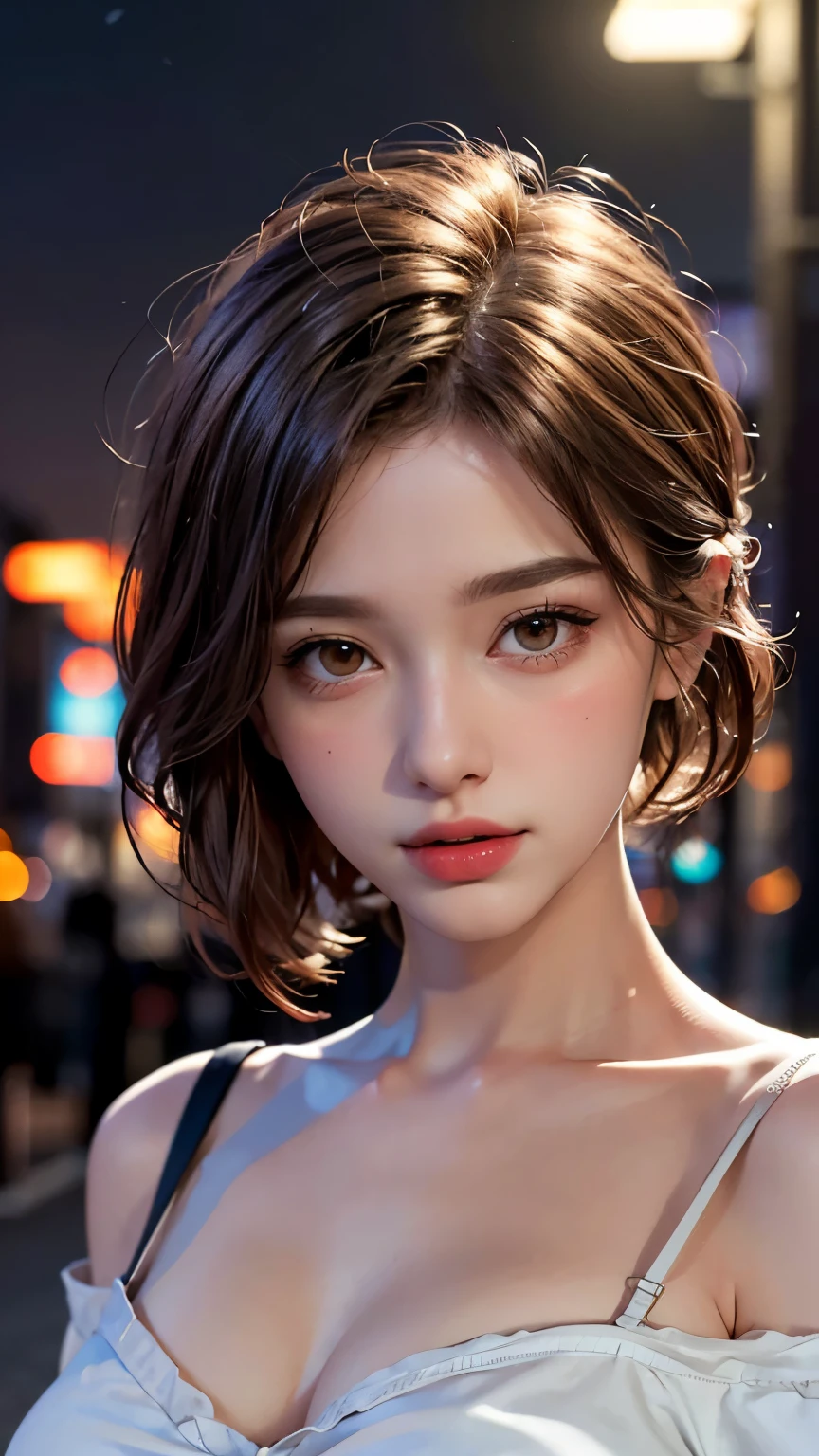 Highest quality, masterpiece, Ultra-high resolution, (Realistic:1.4), RAW Photos, One Girl, Off the shoulder, In the Dark, Deep Shadow, moderate, Night Alley, short hair, roadside,walk, 20-year-old,Cute Face, Small breasts, Tight shirt,(head shot:1.5)