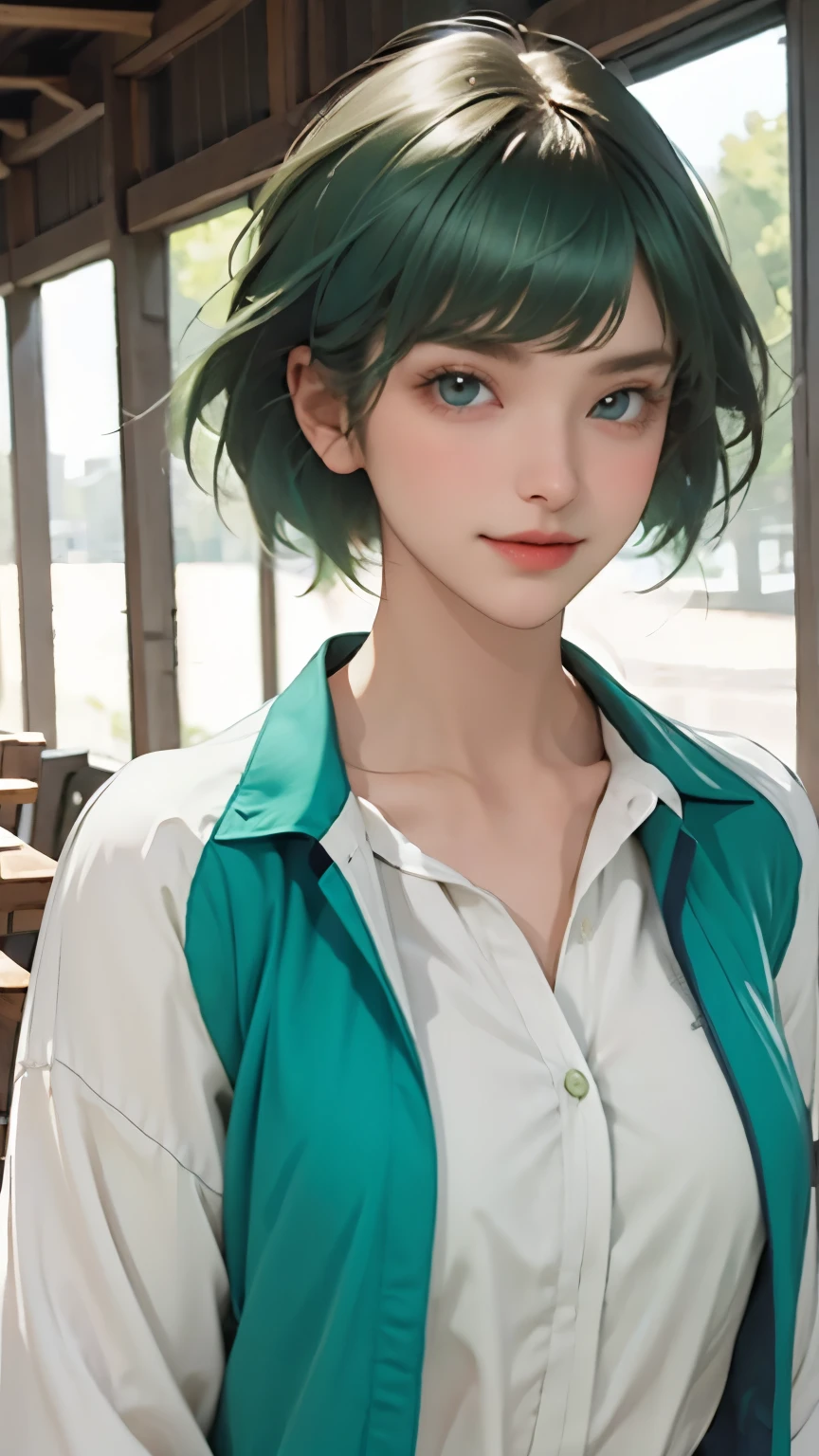 big bangs,beautiful bangs,green hair,Emerald hair,short hair,short hair,bright face,upper body up,chest up,business woman,intellectual,smile,jacket,white shirt , laughter,drooling eyes, alone,Flow of hair that extends to the face,Big light blue eyes shine charmingly,green one piece,eyeliner,Shining white skin,